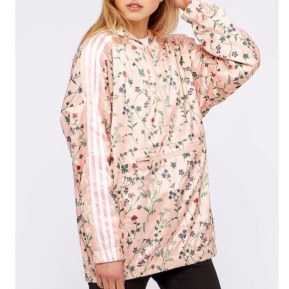 ADIDAS Jacket Womens 10 Pink Floral Satin Hooded Half Zip Pullover DN9090 - Picture 1 of 15